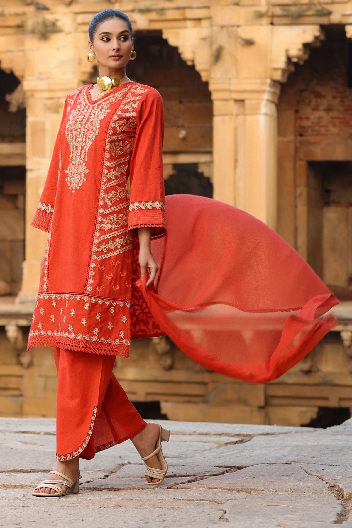 RED COTTON STRAIGHT KURTA WITH PANT AND DUPATTA