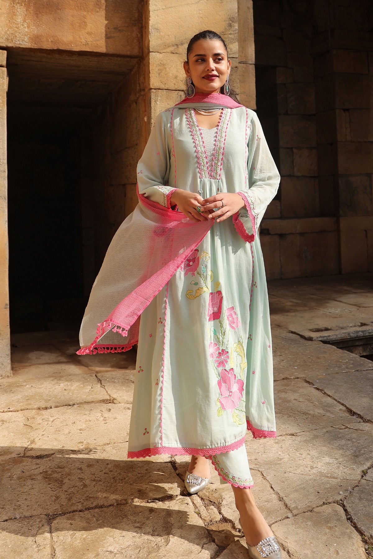GREEN MULMUL A -LINE KURTA WITH PANT AND DUPATTA
