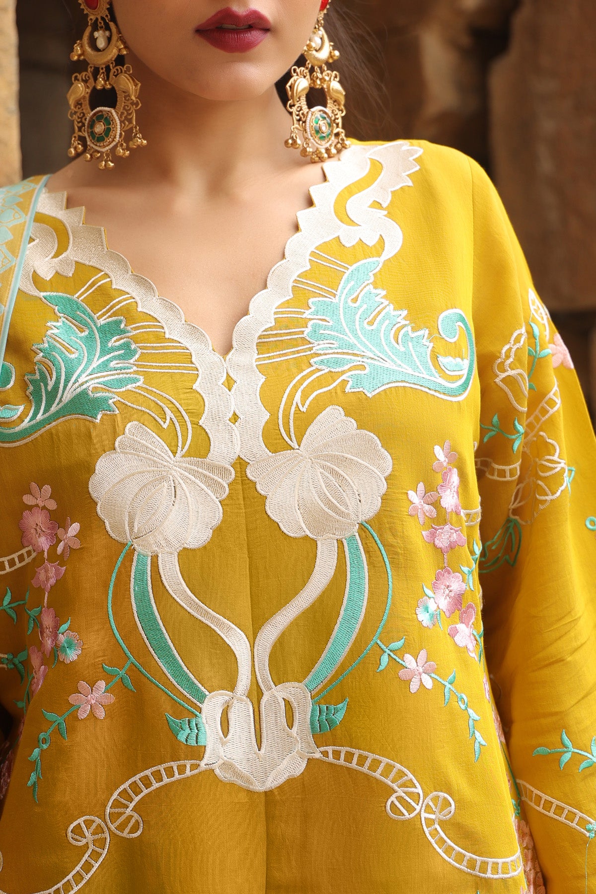 YELLOW MUL CHANDERI STRAIGHT KURTA WITH PANT AND DUPATTA