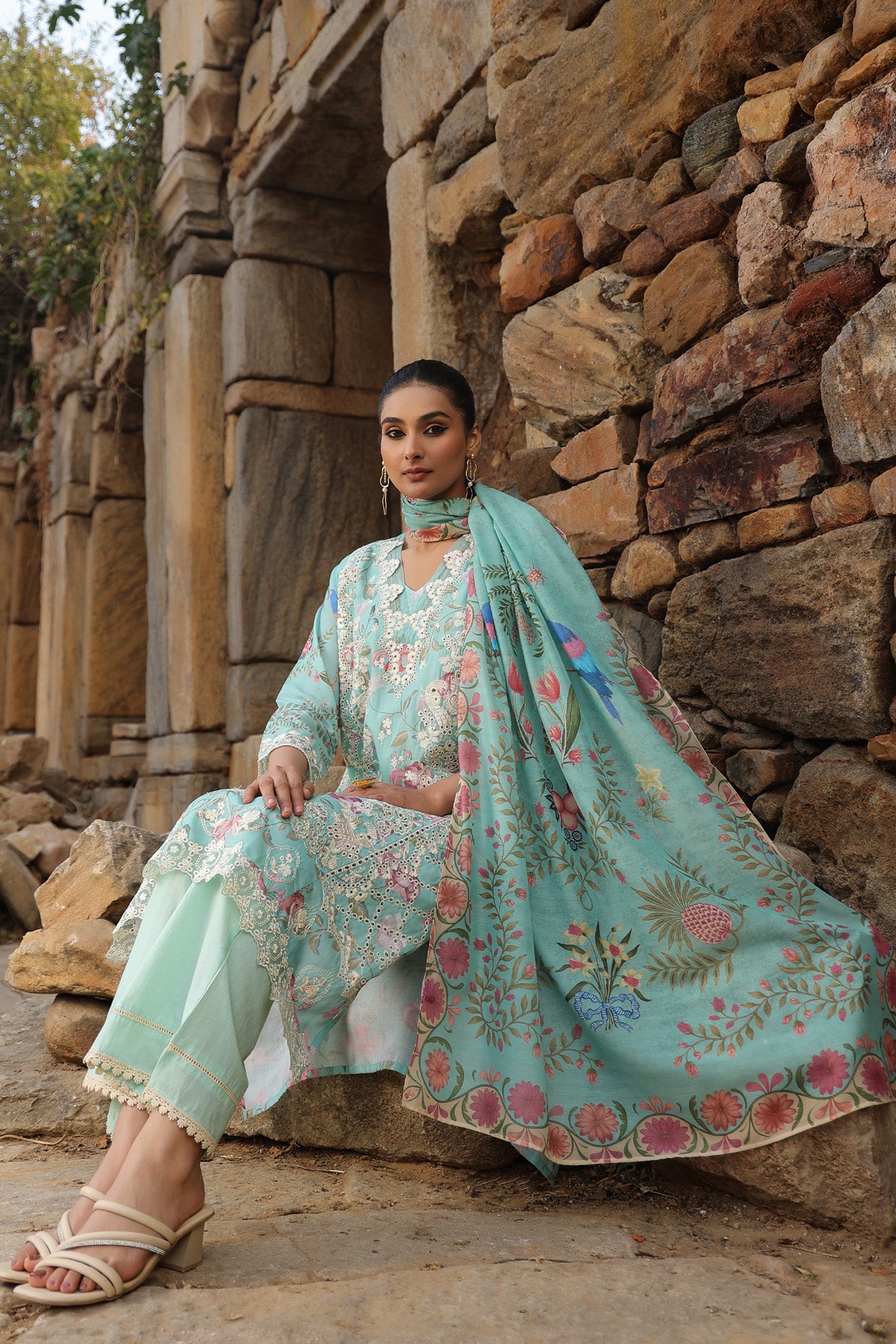 GREEN COTTON STRAIGHT KURTA WITH PANT AND DUPATTA