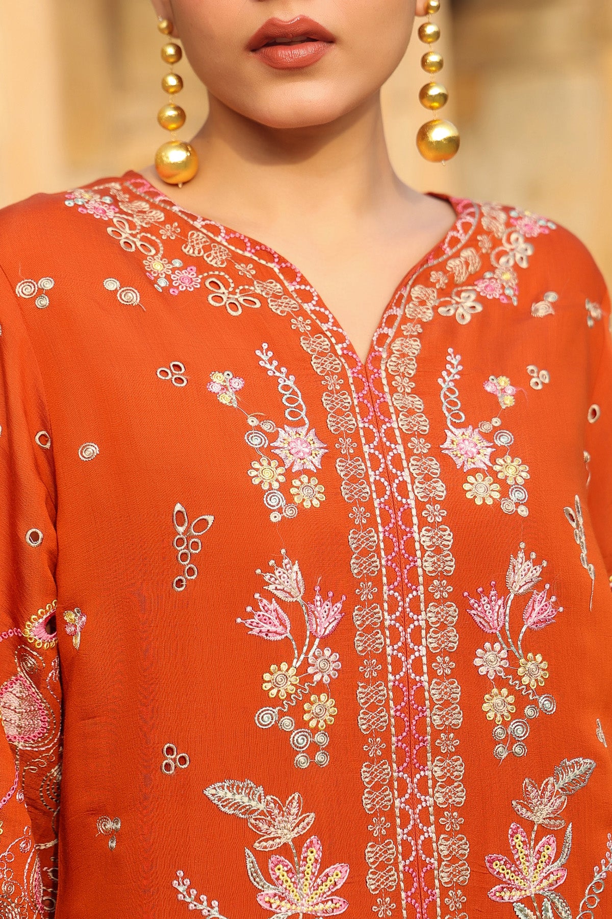 RUST MUL CHANDERI STRAIGHT KURTA WITH PANT AND DUPATTA