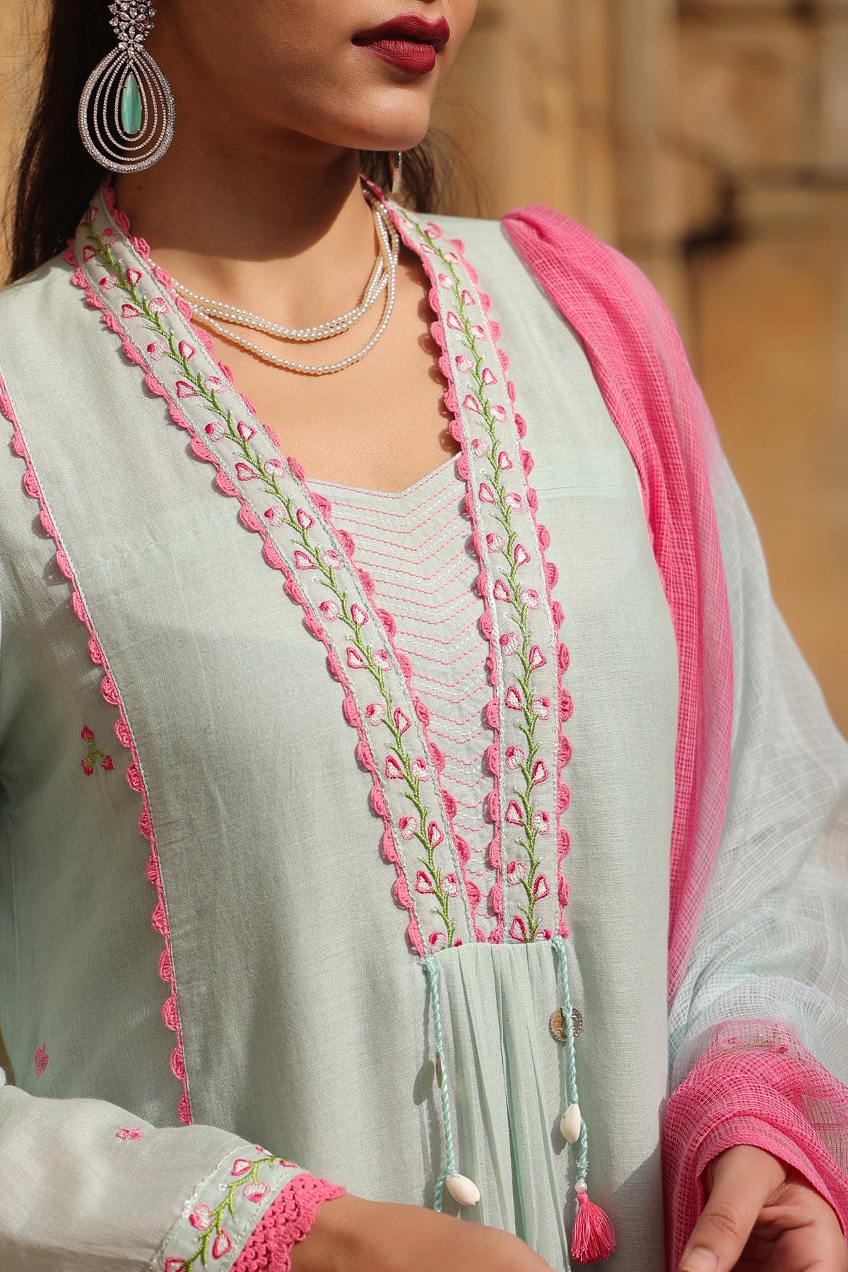 GREEN MULMUL A -LINE KURTA WITH PANT AND DUPATTA