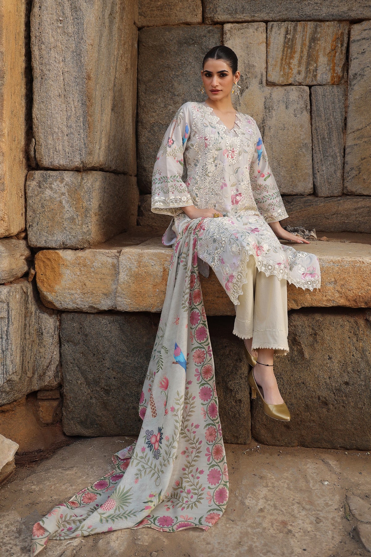 BEIGE COTTON STRAIGHT KURTA WITH PANT AND DUPATTA