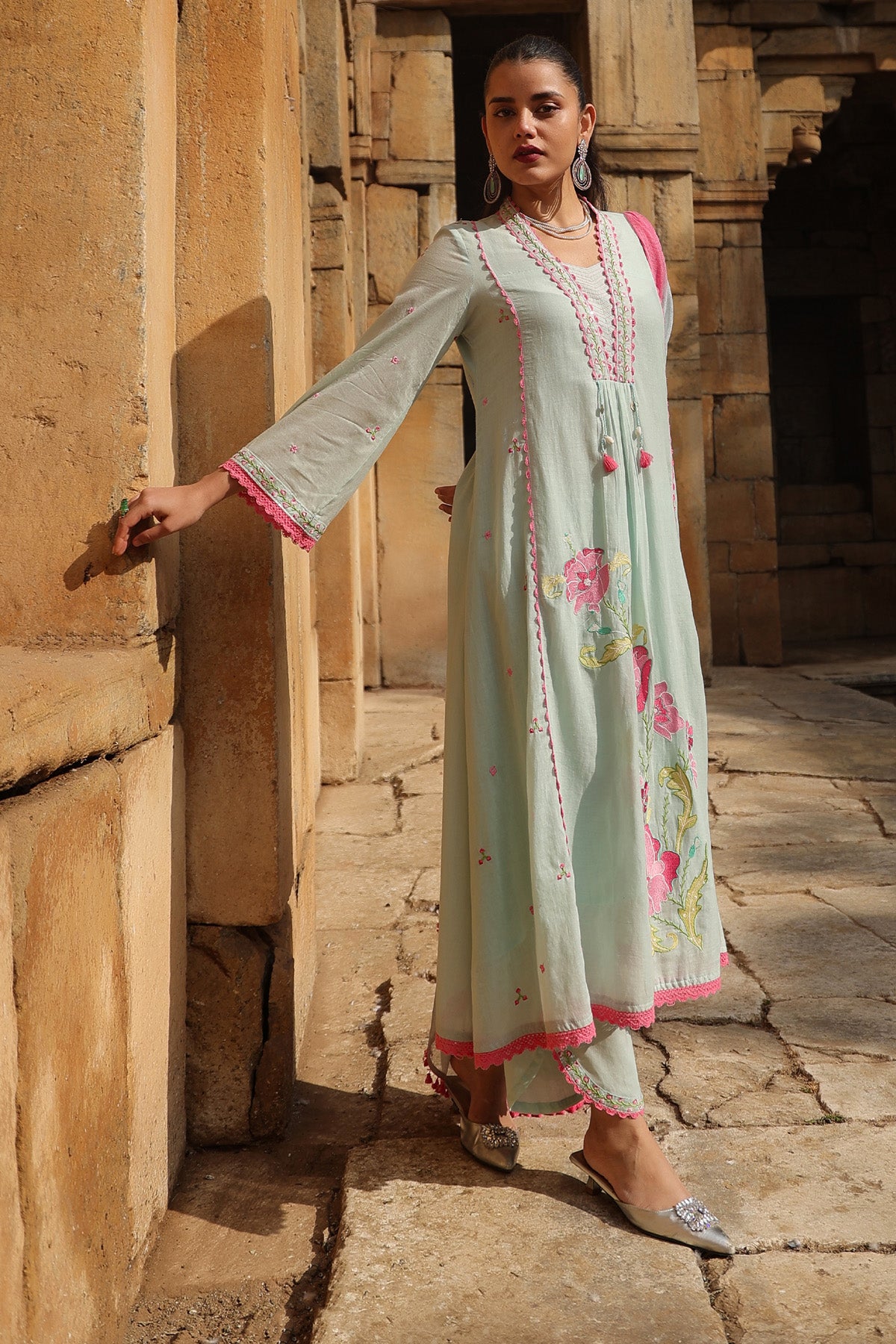 GREEN MULMUL A -LINE KURTA WITH PANT AND DUPATTA