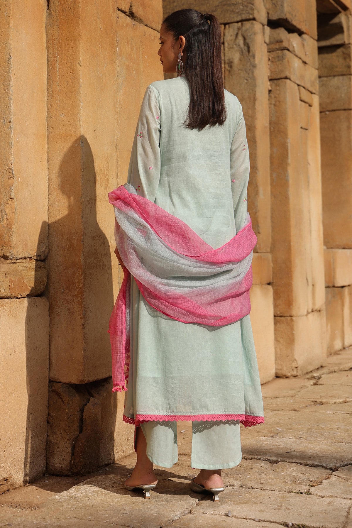 GREEN MULMUL A -LINE KURTA WITH PANT AND DUPATTA