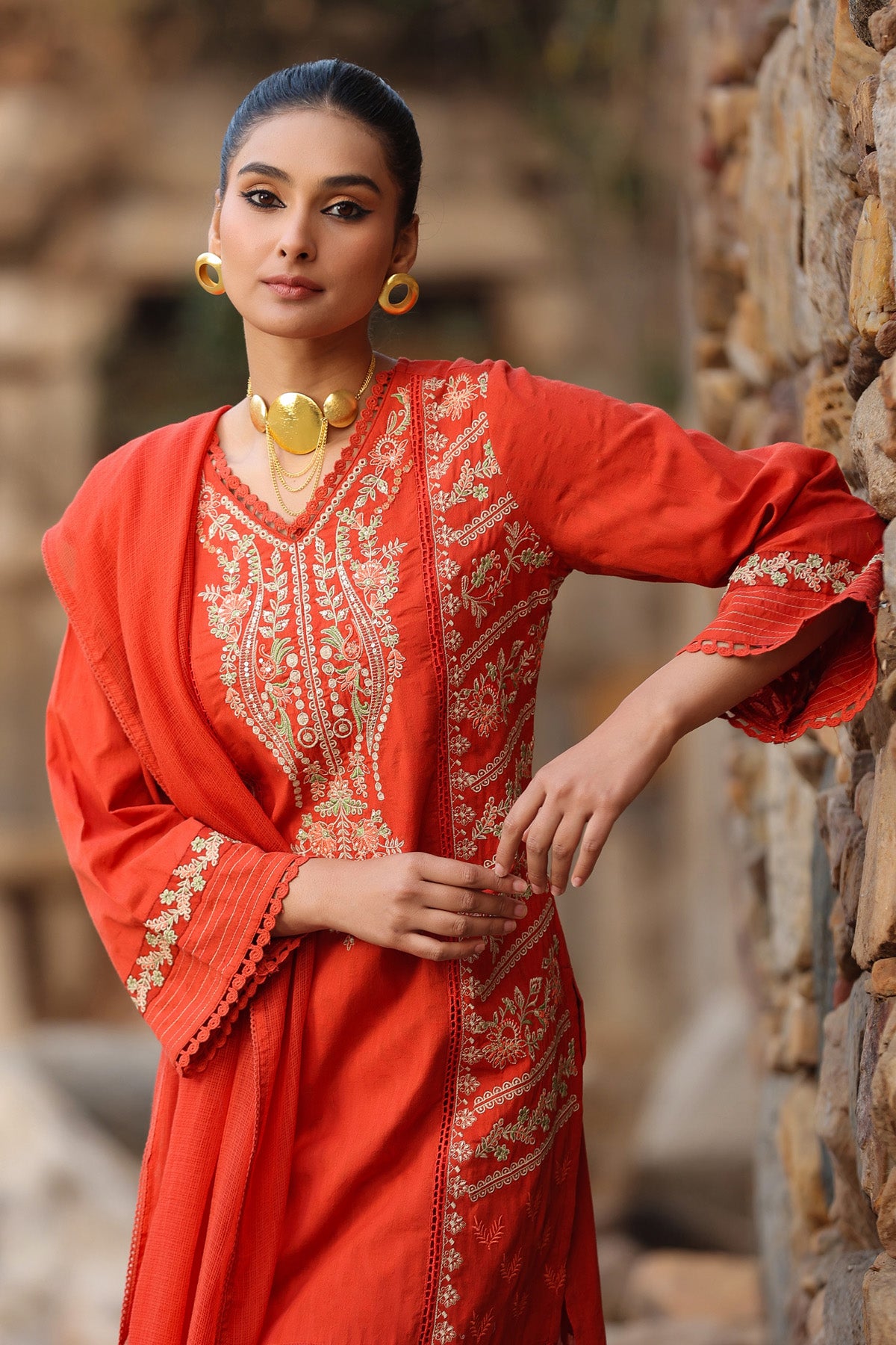 RED COTTON STRAIGHT KURTA WITH PANT AND DUPATTA