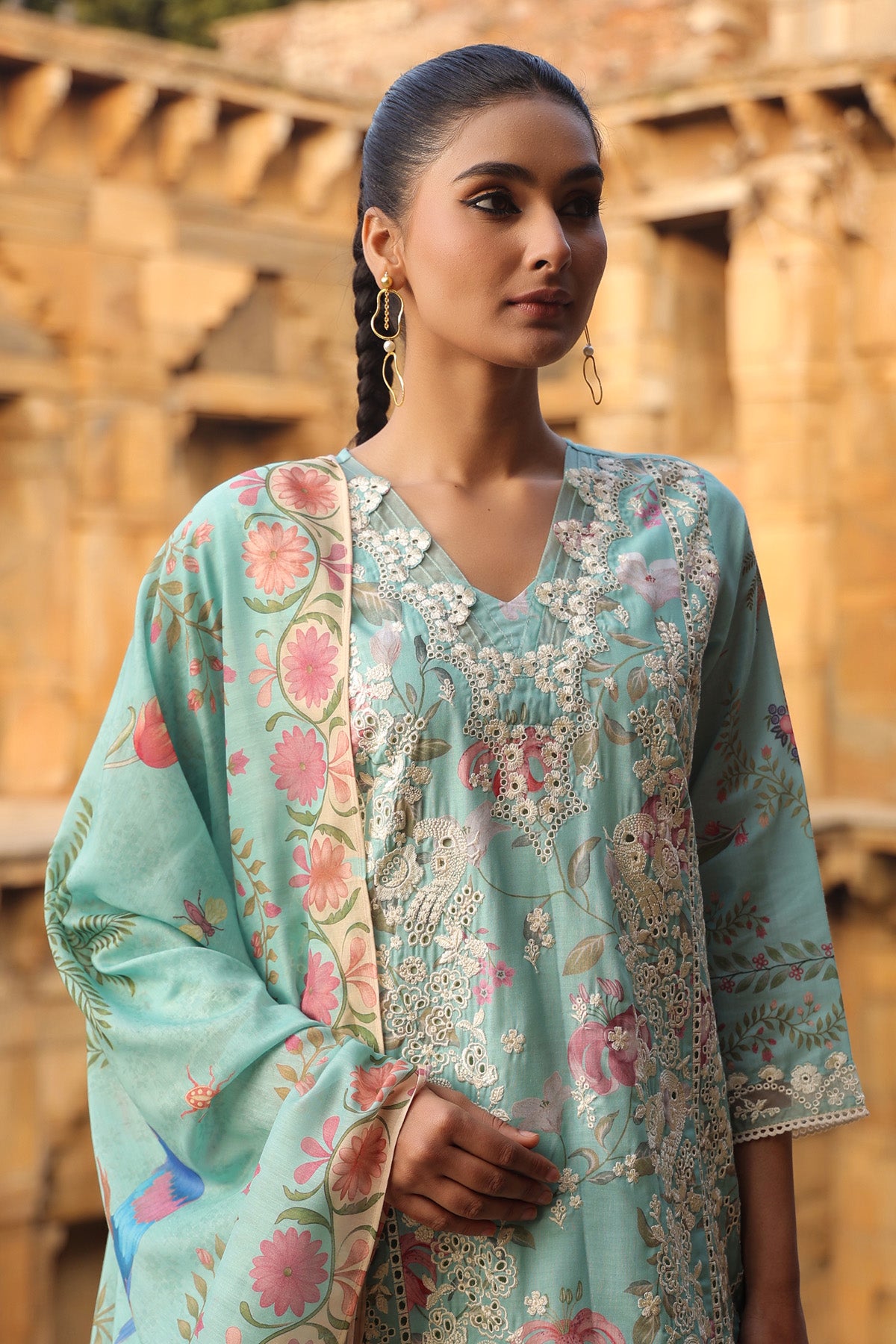 GREEN COTTON STRAIGHT KURTA WITH PANT AND DUPATTA