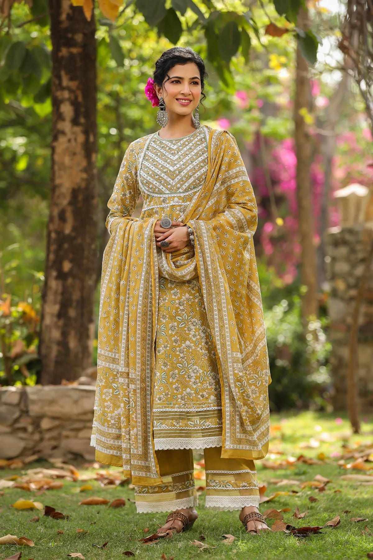 Yellow Cotton Handwork Anarkali Suit Set