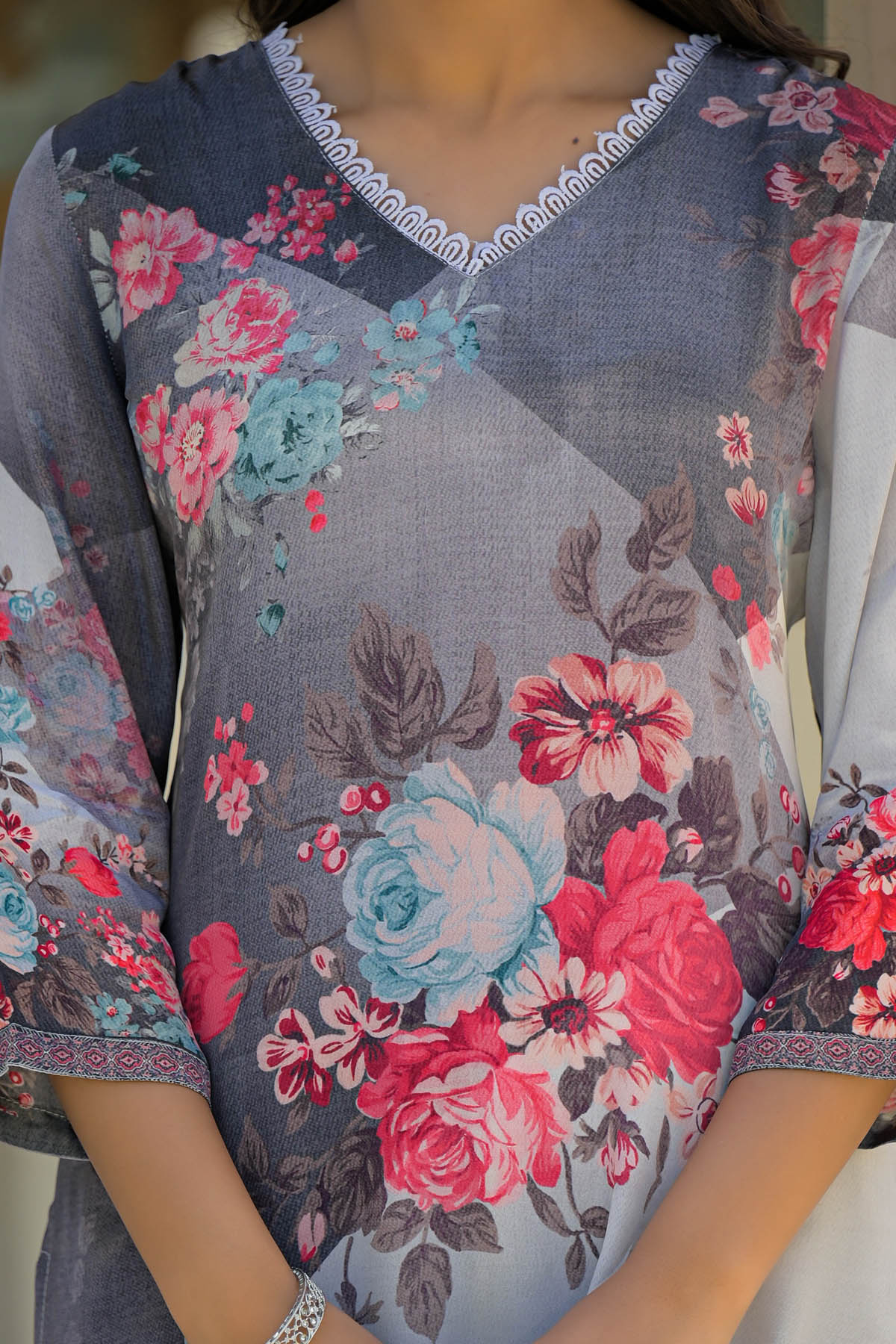 Grey Floral Crepe Printed Straight Cut Suit Set