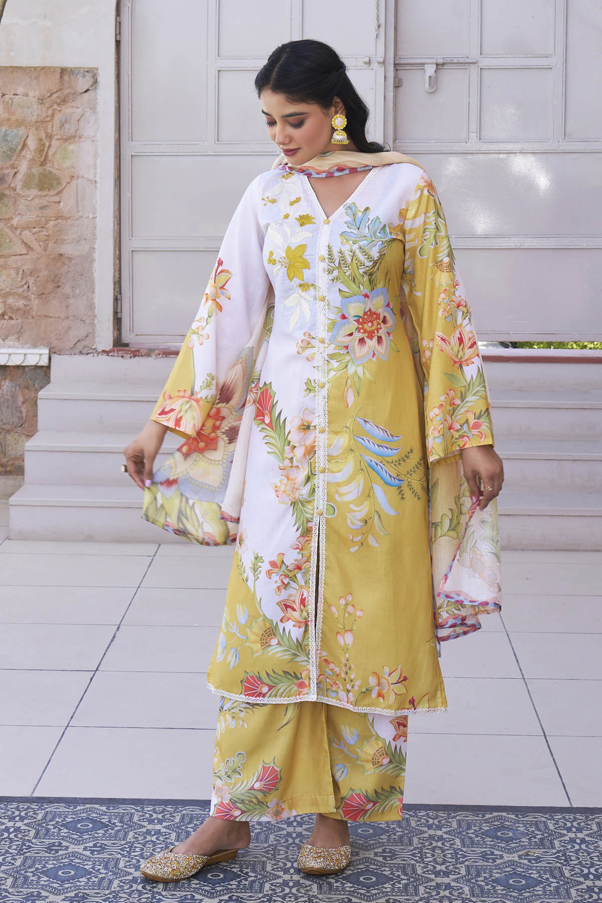 Yellow Cotton Printed Straight Suit Set