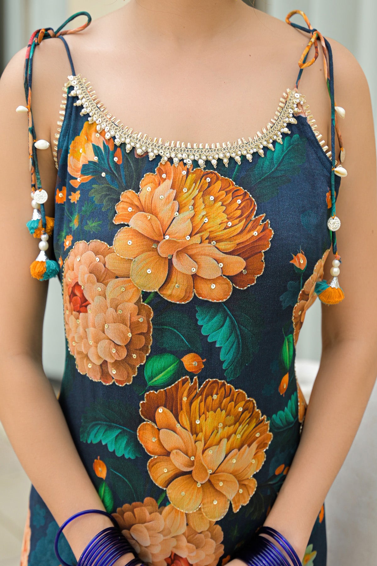 Blue Chinon Gotapatti Straight Cut Suit Set | Bairaas