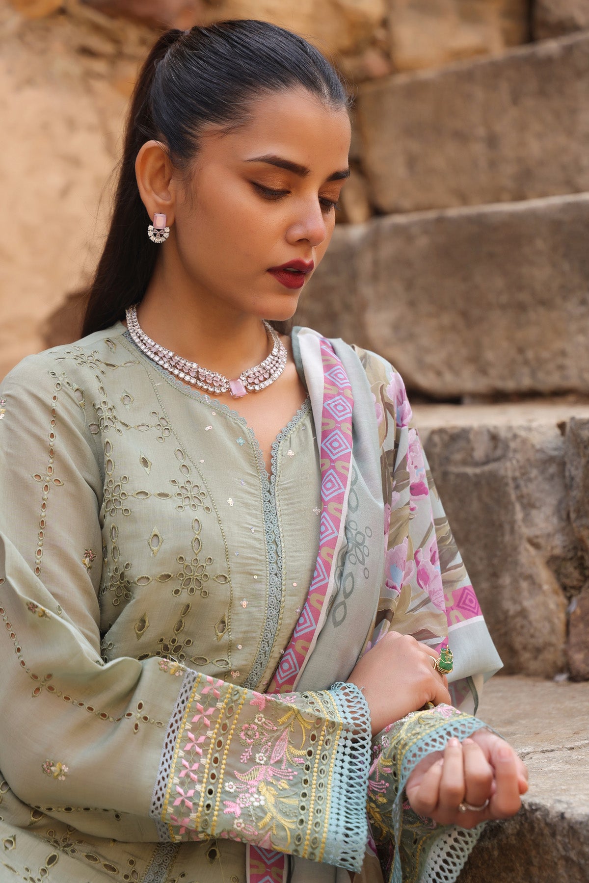 GREEN MUL CHANDERI STRAIGHT KURTA WITH PANT AND DUPATTA