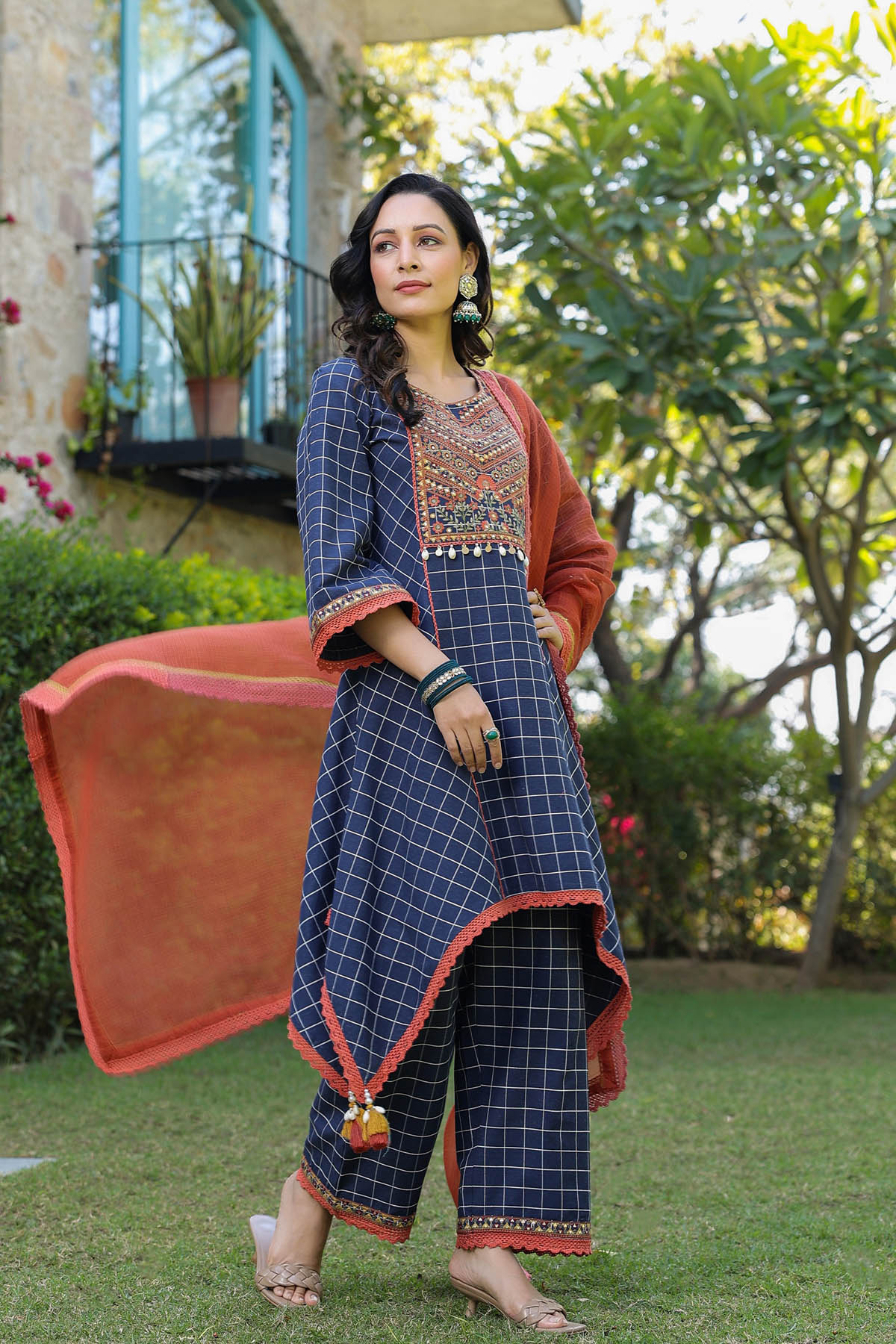 Blue Cotton Embroidered A Line Suit Set