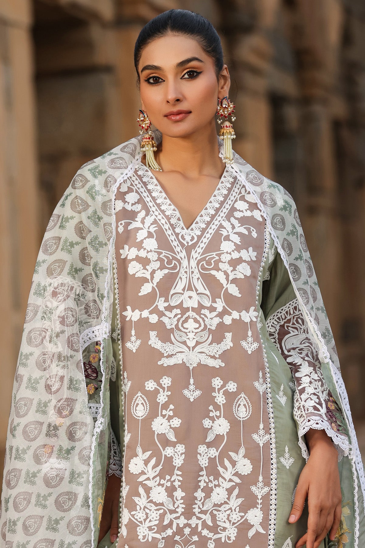 GREEN MUL CHANDERI STRAIGHT KURTA WITH PANT AND DUPATTA