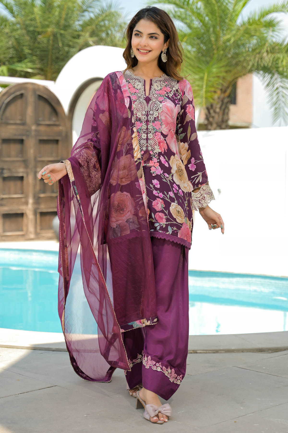 Brown Crepe Embroidered Farsi Salwar Set