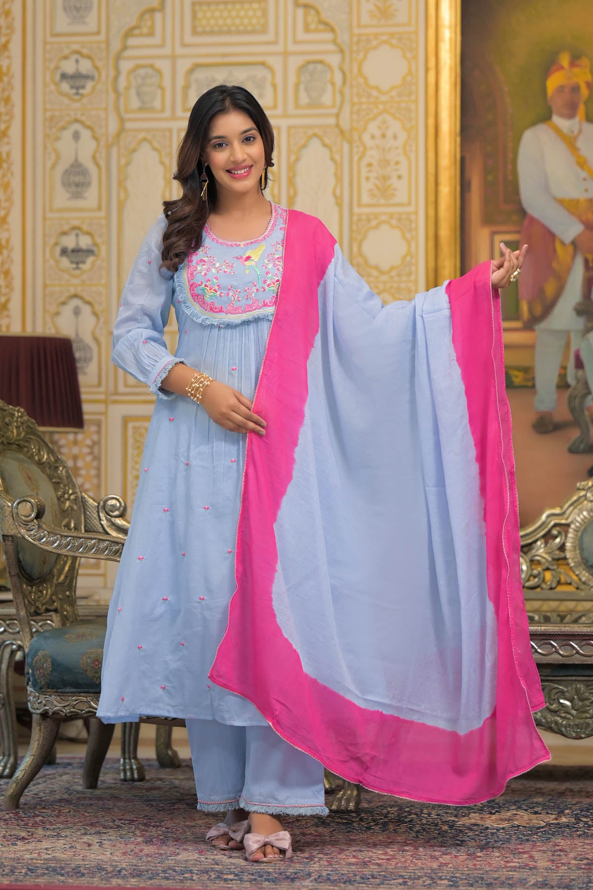 Blue Cotton Embroidered Anarkali Suit Set