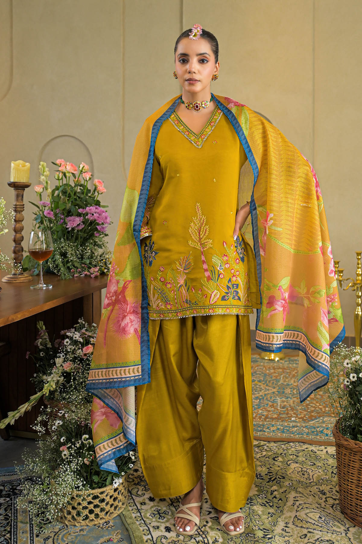 Mustard Chanderi Embroidered Farsi Salwar Set