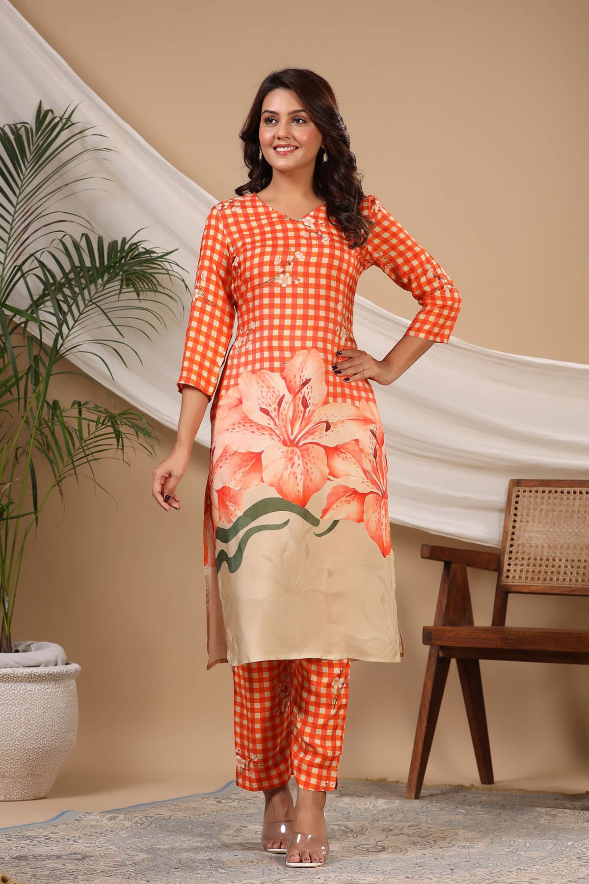 Orange Floral Muslin Printed Co-ord Set