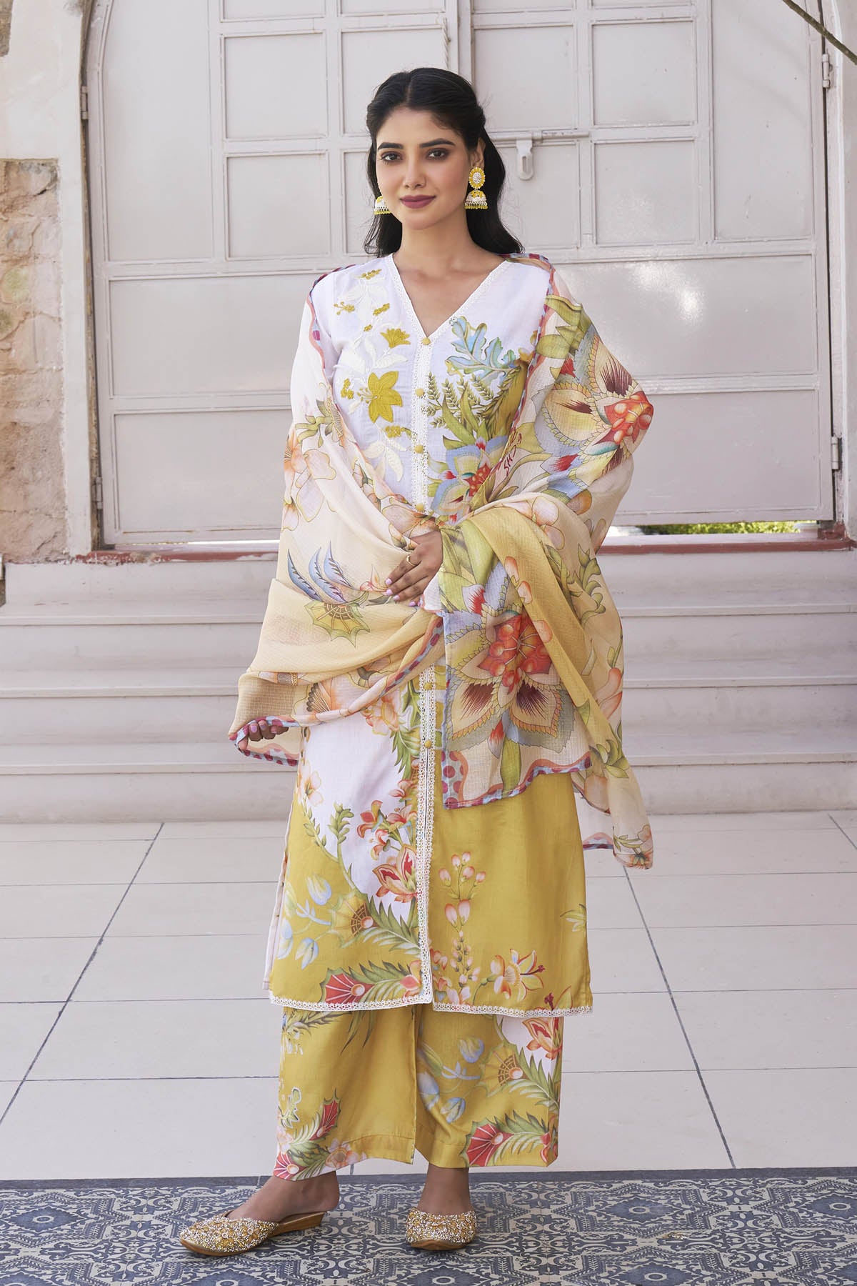 Yellow Cotton Printed Straight Suit Set