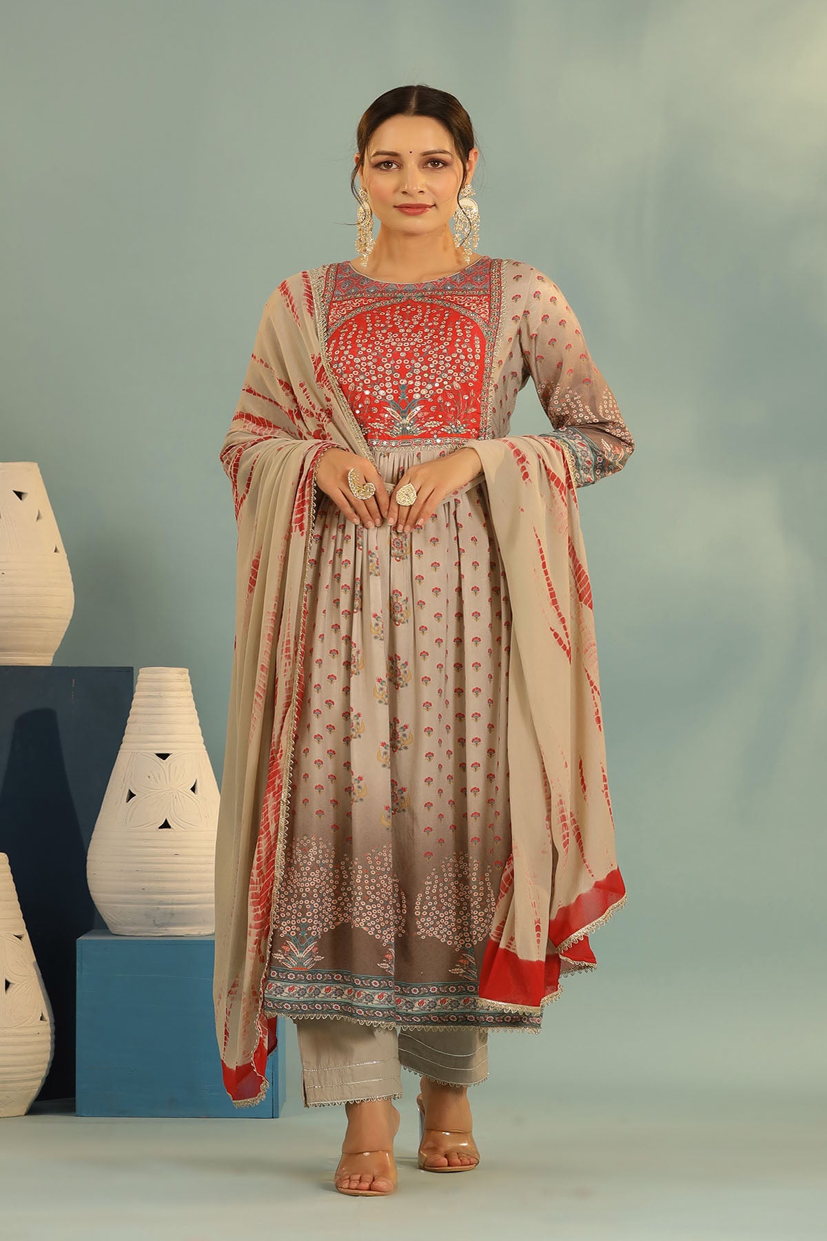 Grey Multicolor Muslin Handwork Suit Set