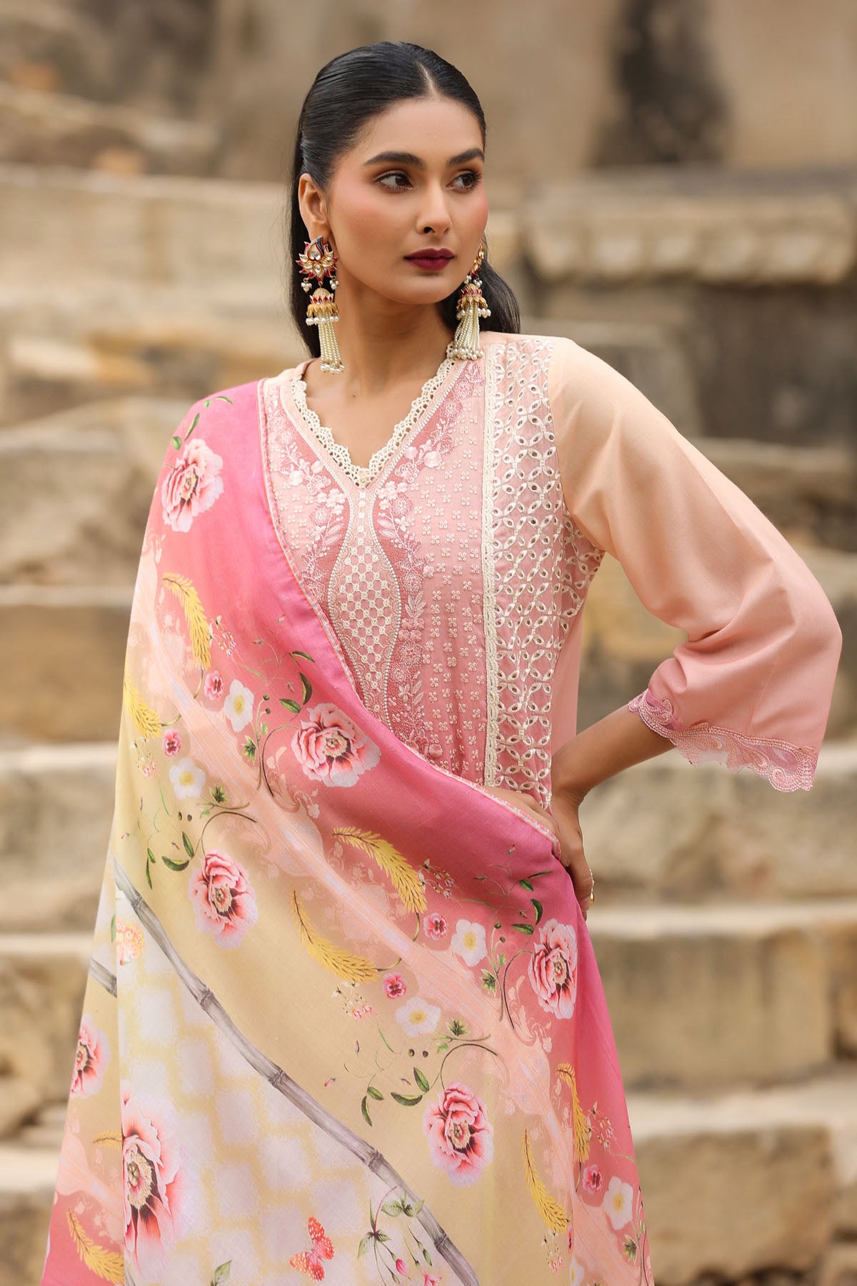 PEACH COTTON STRAIGHT KURTA WITH PANT AND DUPATTA