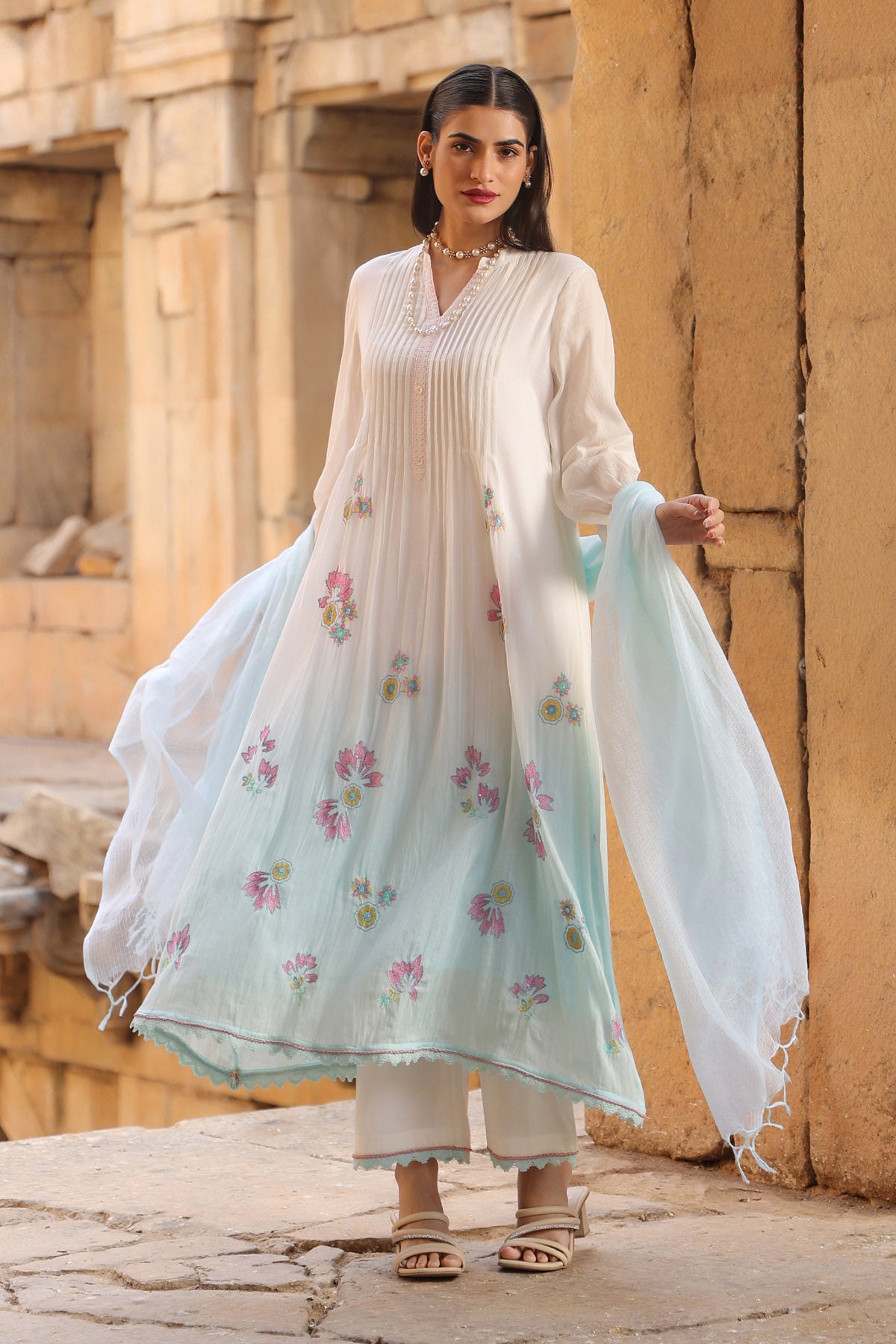 WHITE MULMUL A -LINE KURTA WITH PANT AND DUPATTA