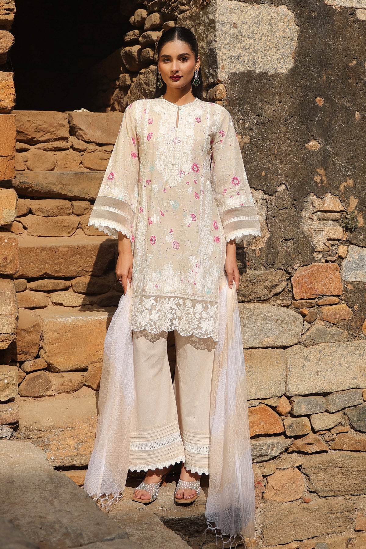 BEIGE COTTON STRAIGHT KURTA WITH PANT AND DUPATTA
