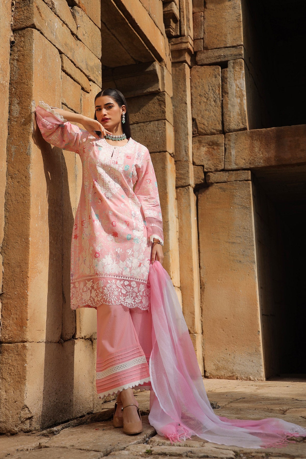 PINK COTTON STRAIGHT KURTA WITH PANT AND DUPATTA