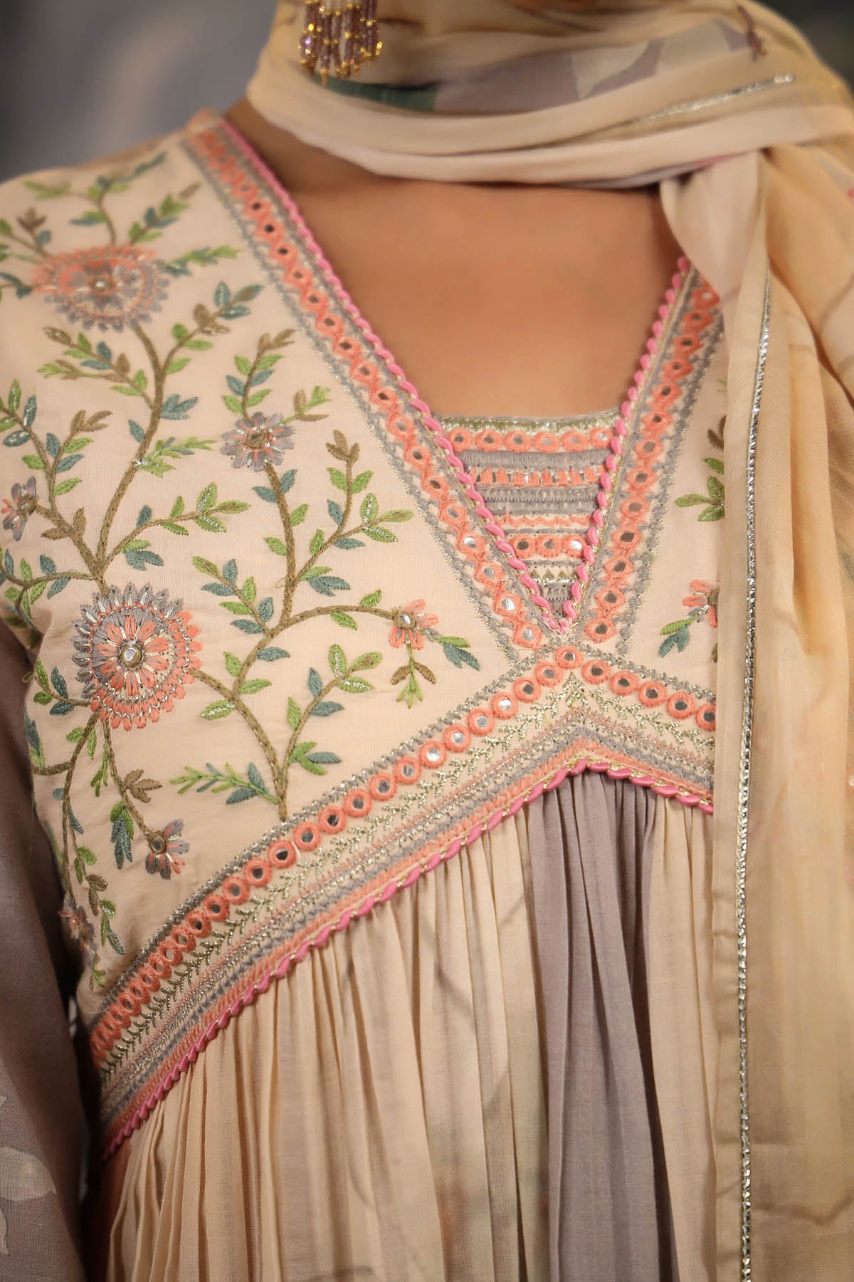 Beige Floral Cotton Embroidered Anarkali Suit