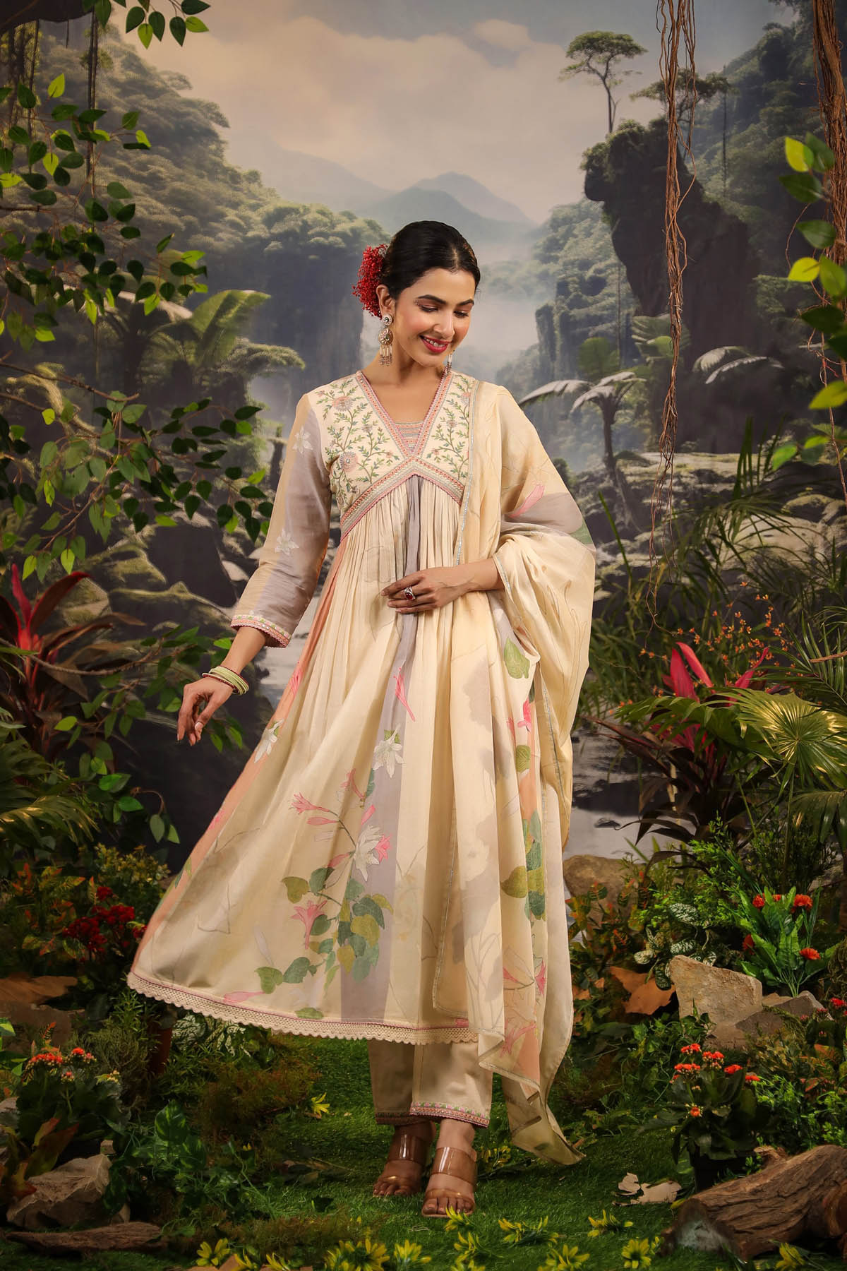 Beige Floral Cotton Embroidered Anarkali Suit