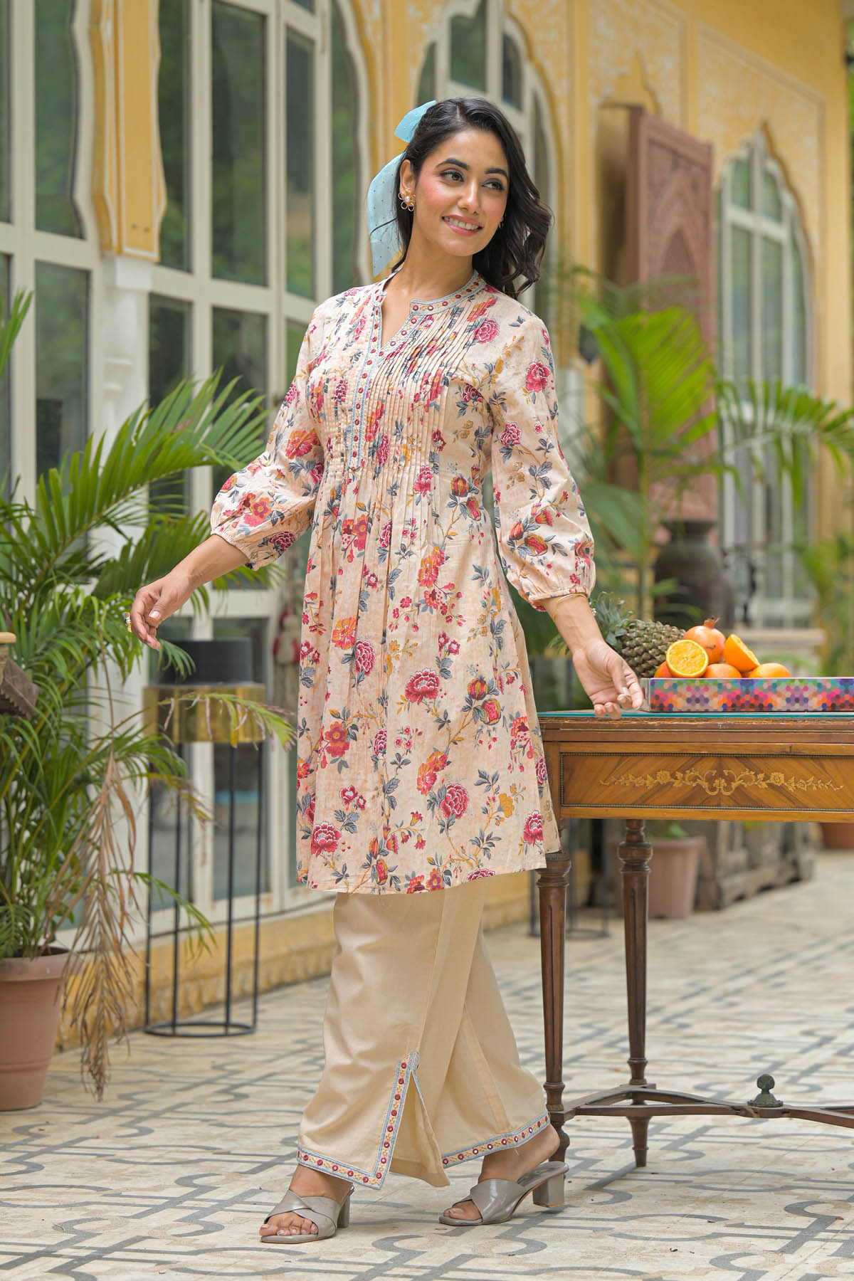 Beige Floral Cotton Co-Ord Set | Bairaas