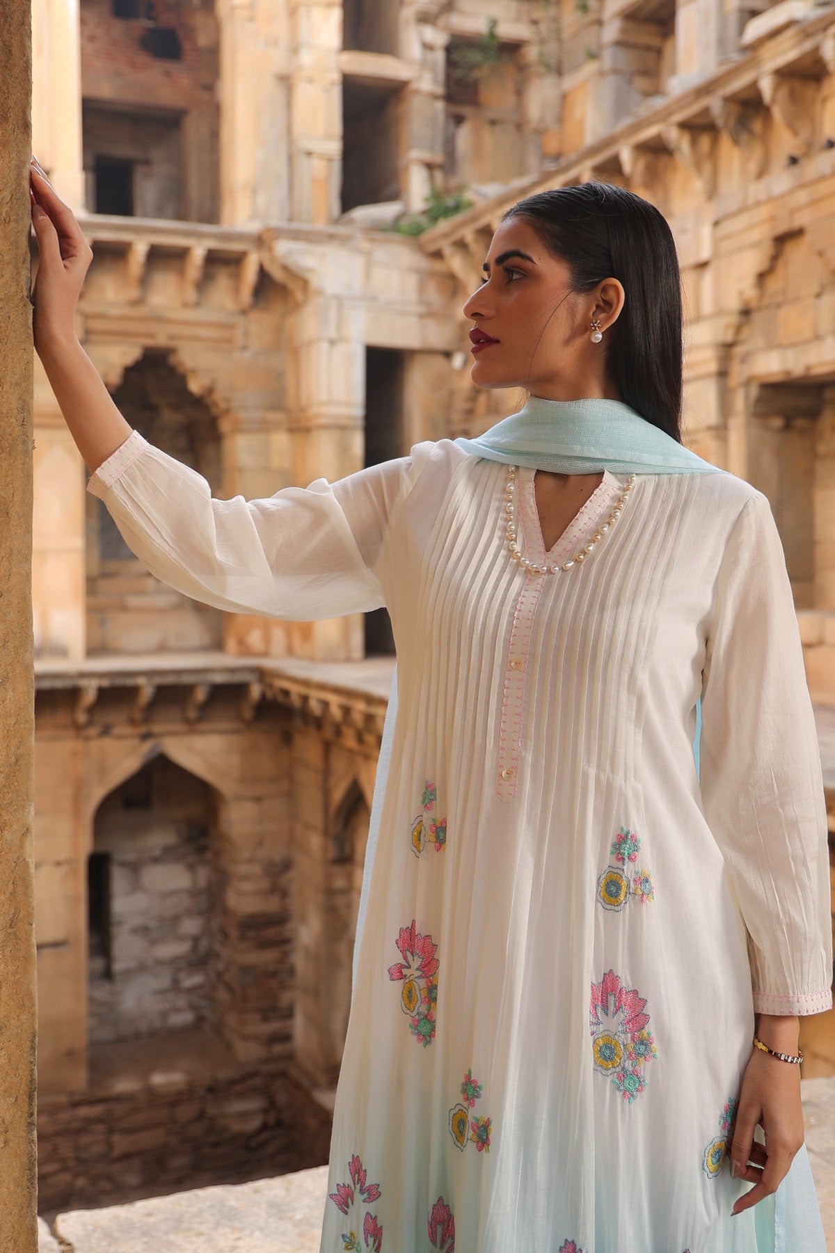 WHITE MULMUL A -LINE KURTA WITH PANT AND DUPATTA