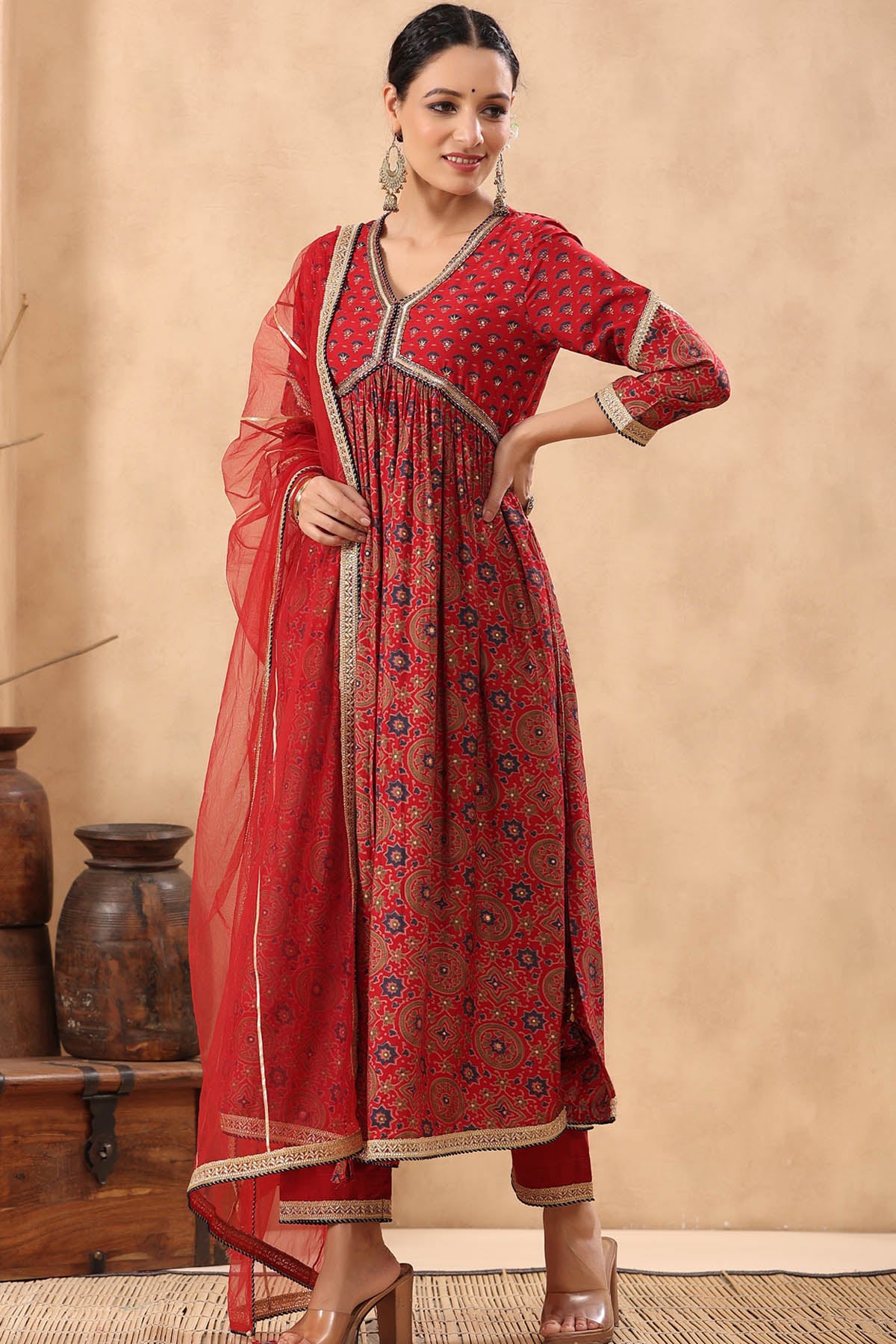 Red Muslin Handwork Suit Set
