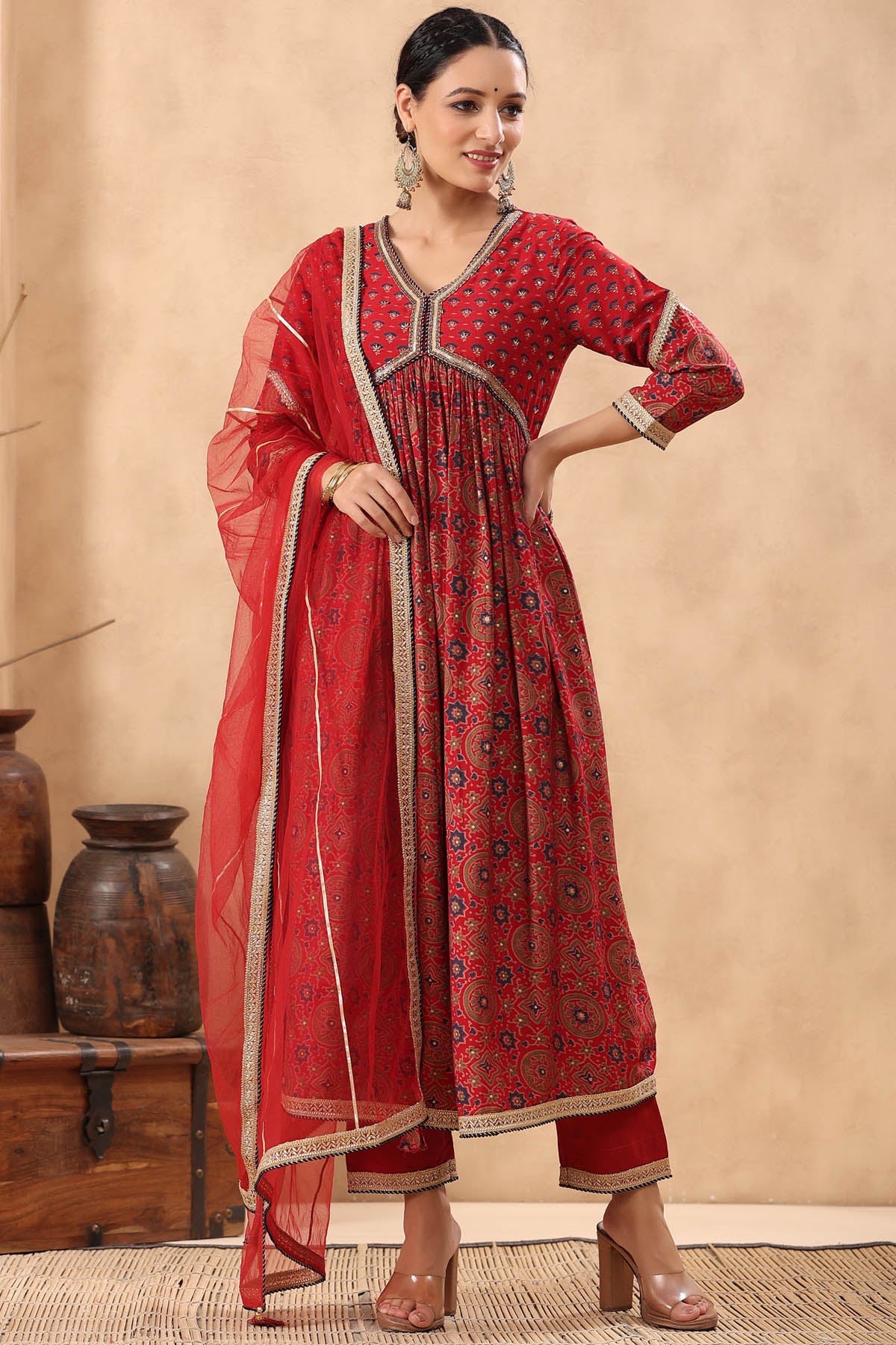 Red Muslin Handwork Suit Set