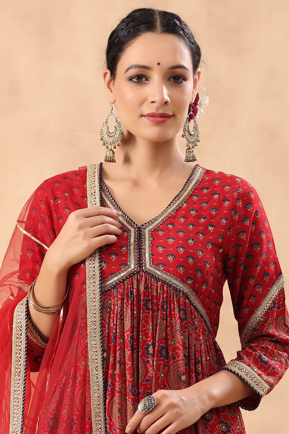 Red Muslin Handwork Suit Set