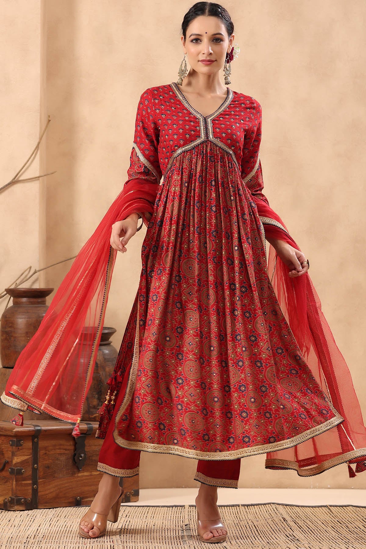 Red Muslin Handwork Suit Set