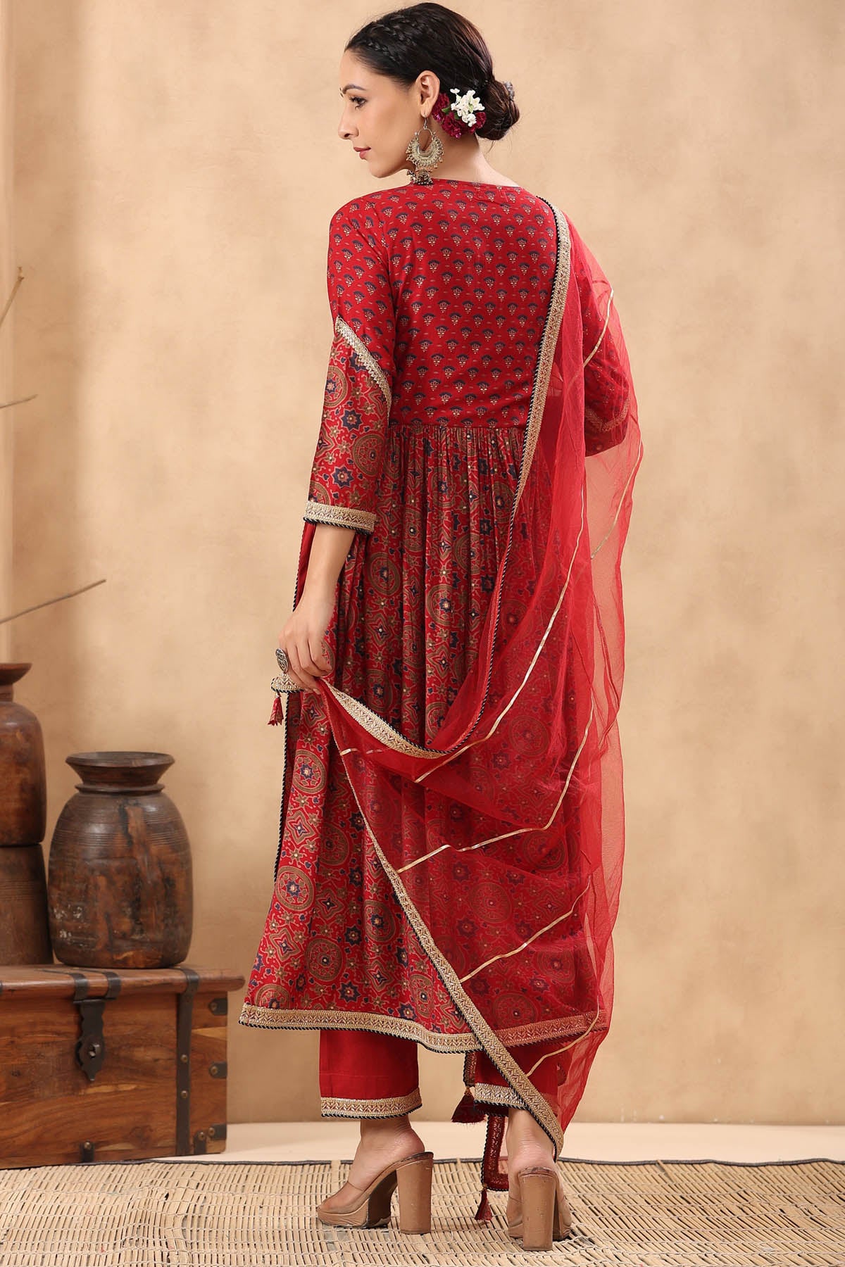 Red Muslin Handwork Suit Set