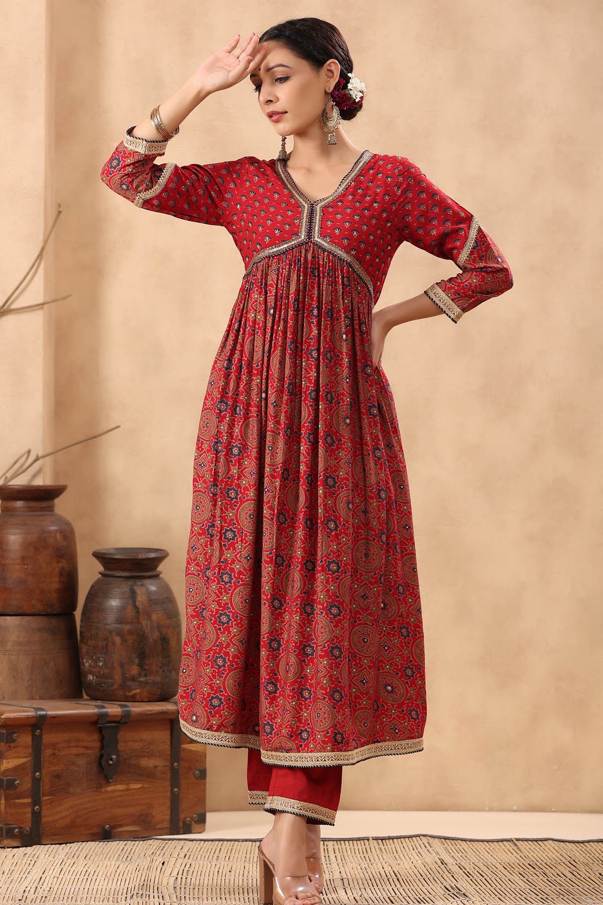 Red Muslin Handwork Suit Set