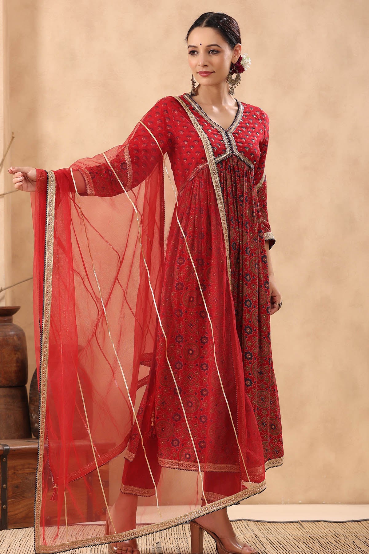 Red Muslin Handwork Suit Set