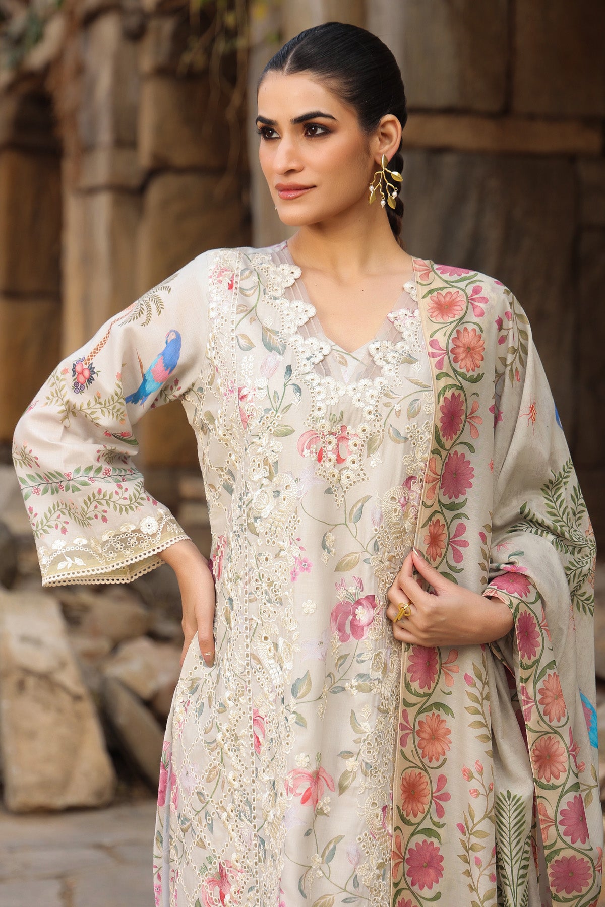 BEIGE COTTON STRAIGHT KURTA WITH PANT AND DUPATTA