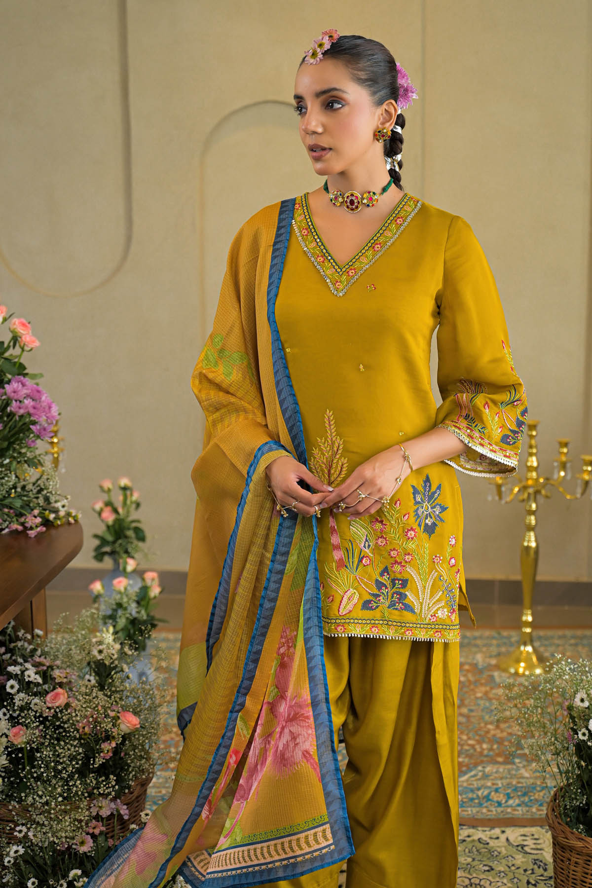 Mustard Chanderi Embroidered Farsi Salwar Set