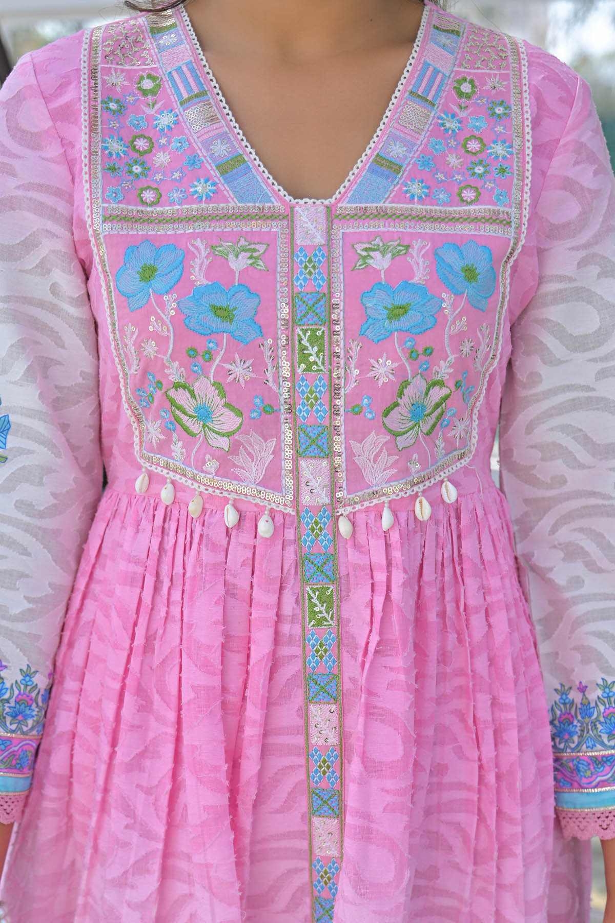 Pink Cotton Floral Embroidered Anarkali Suit Set