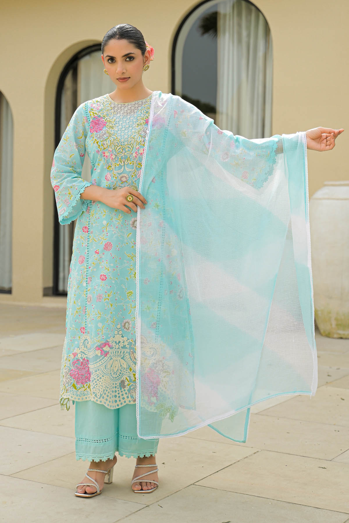 Sky Cotton Embroidered Straight Cut Suit Set