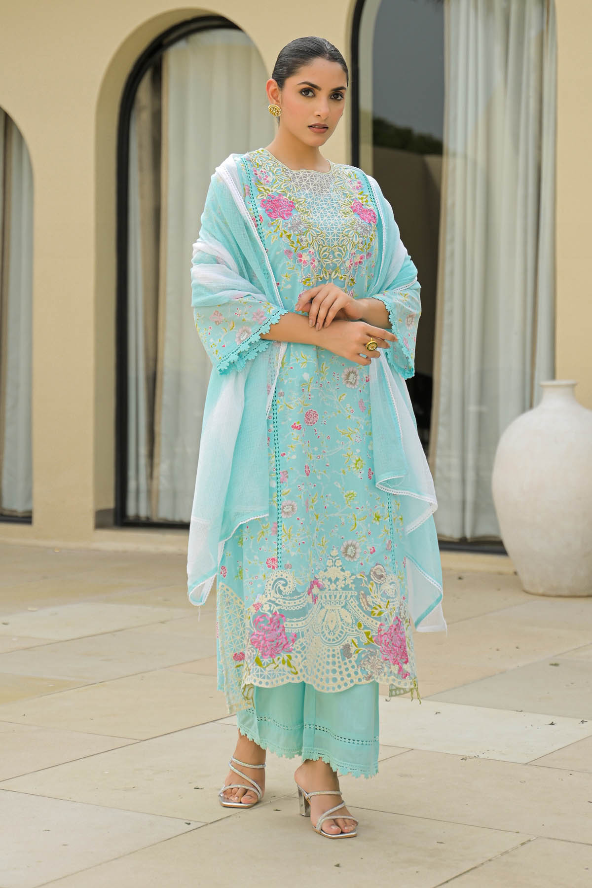 Sky Cotton Embroidered Straight Cut Suit Set