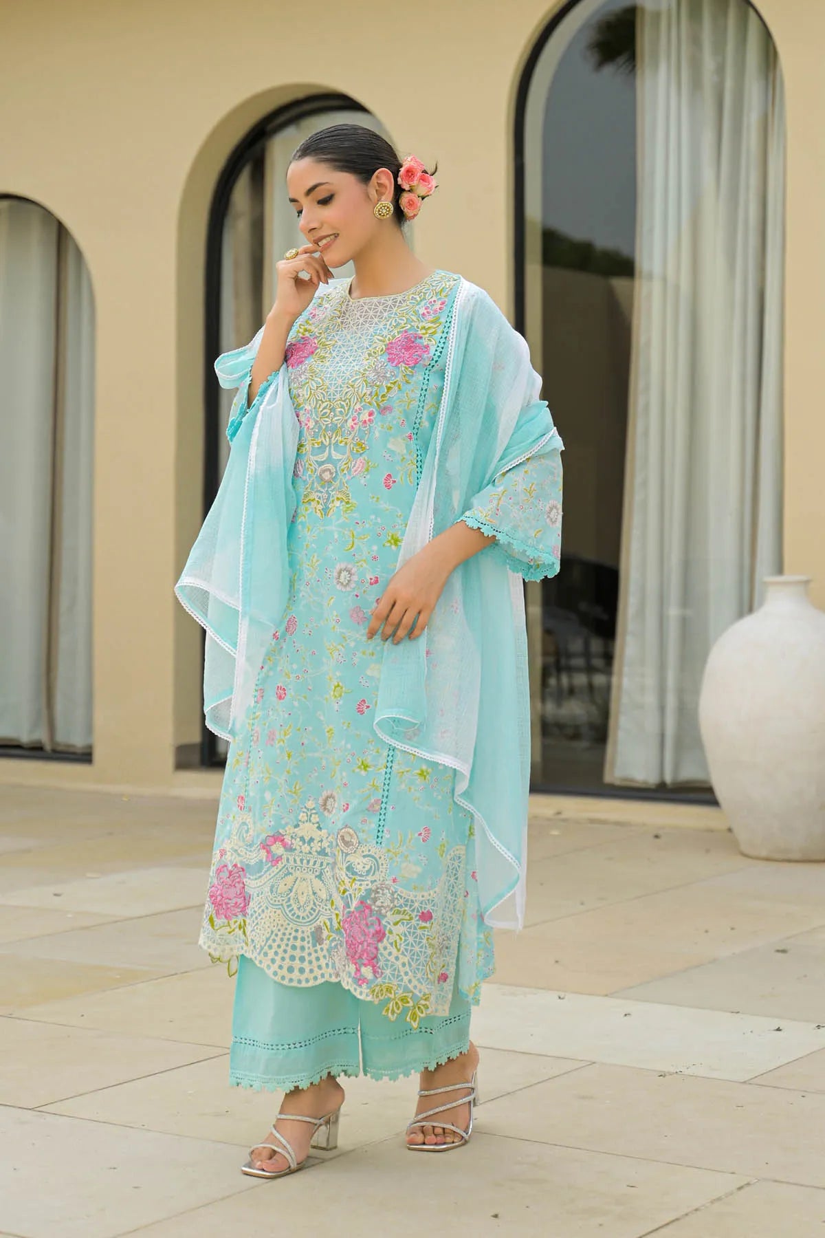 Sky Cotton Embroidered Straight Cut Suit Set