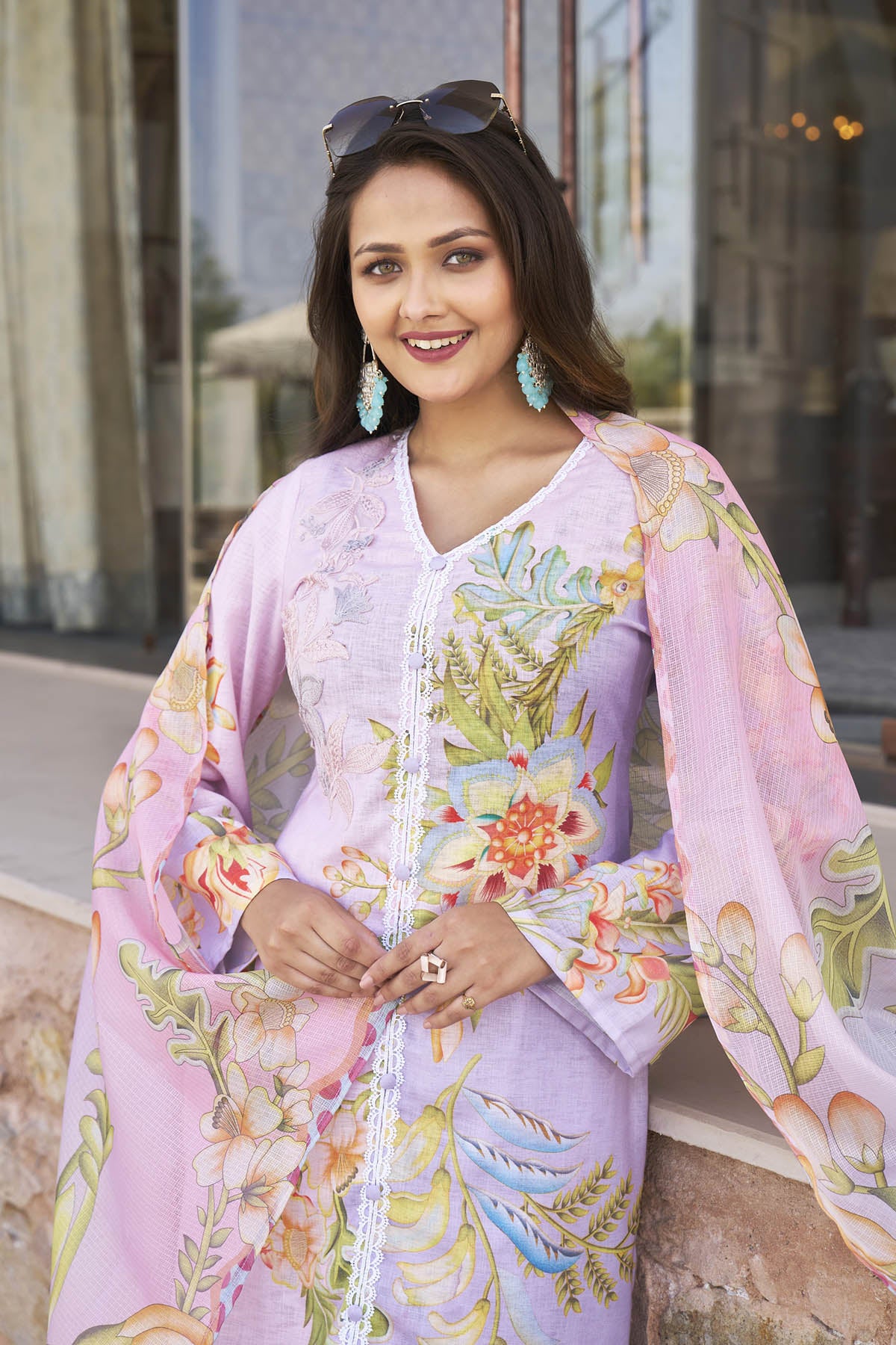 Lavender Cotton Printed Straight Suit Set