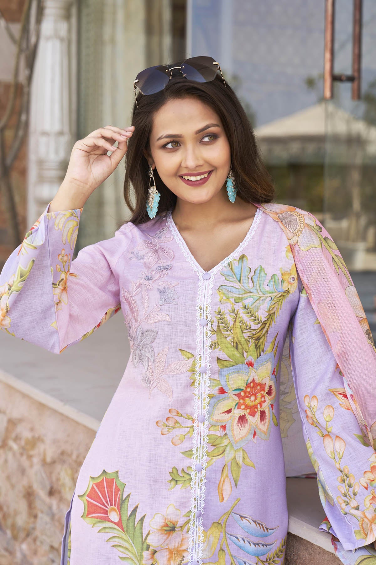 Lavender Cotton Printed Straight Suit Set