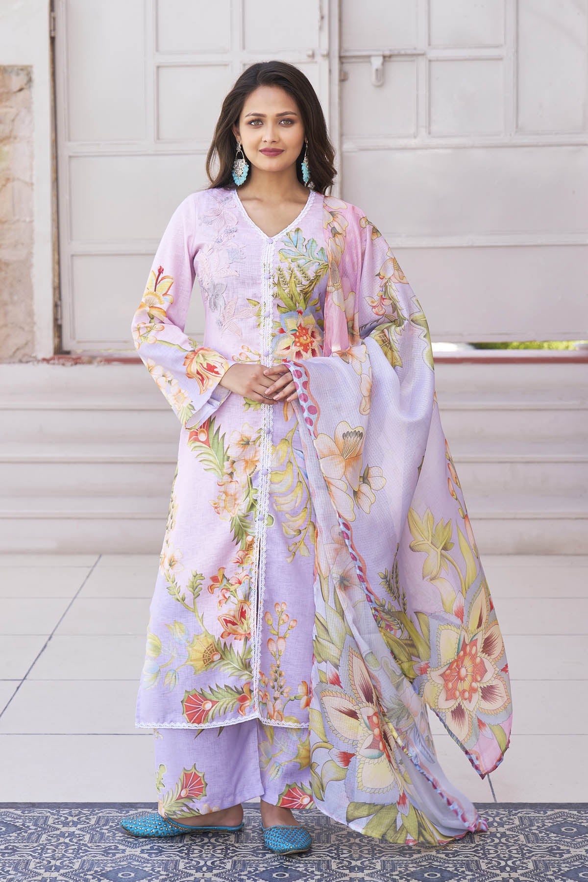 Lavender Cotton Printed Straight Suit Set