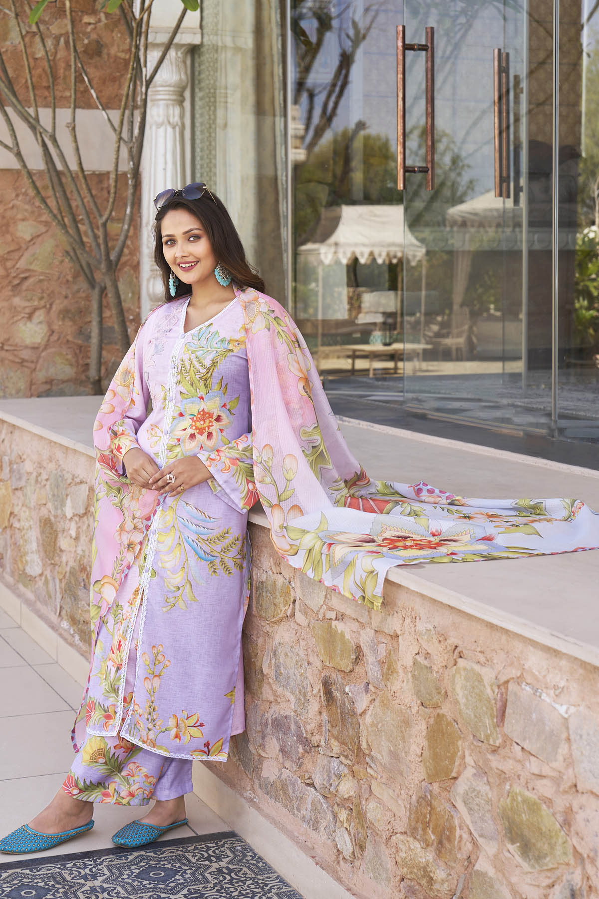 Lavender Cotton Printed Straight Suit Set