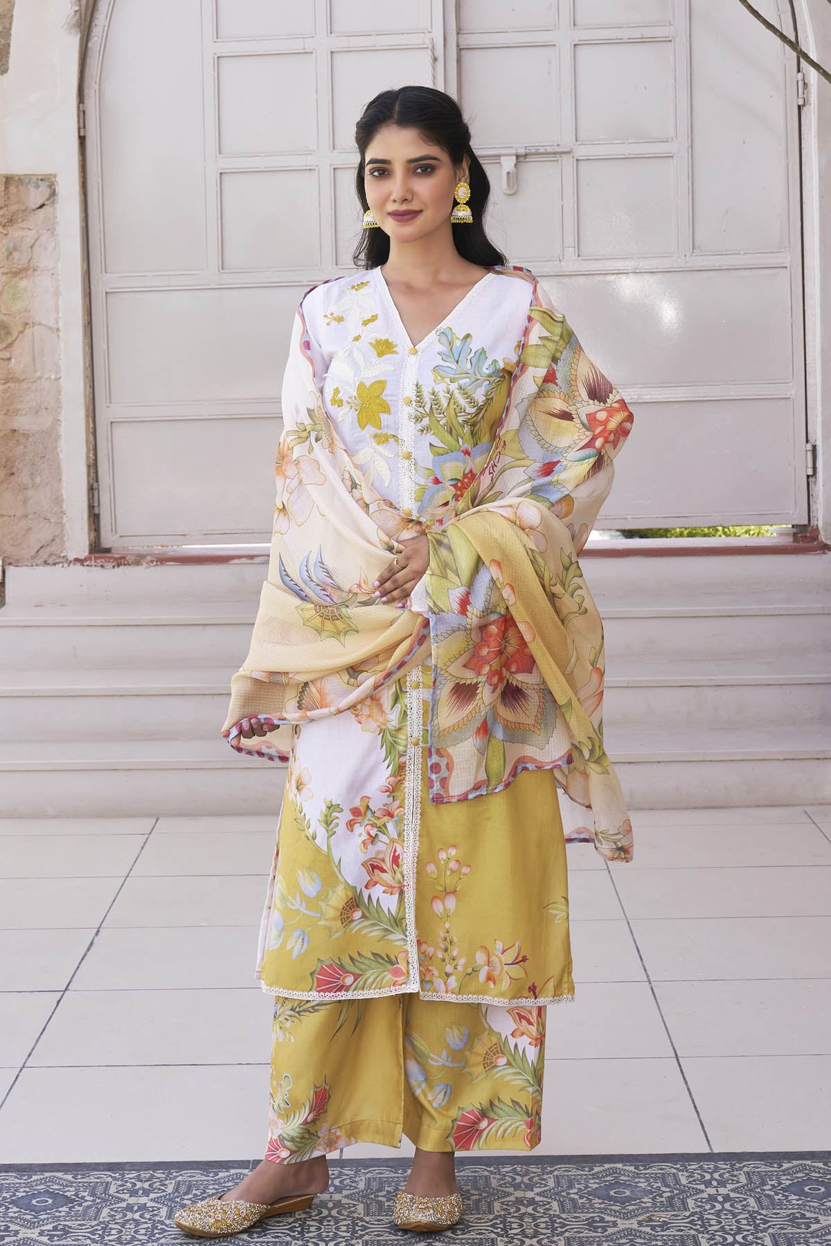 Yellow Cotton Printed Straight Suit Set